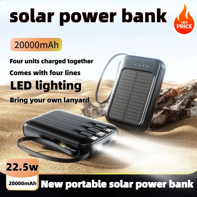 Solar Power Bank Super Fast Charging Compact Portable Built-in 4 Cable High Capacity External Battery with Led Light