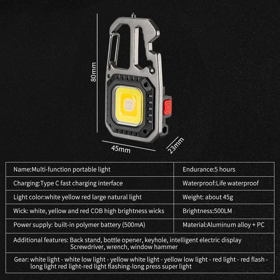 COB Keychain Work Light with Battery Display 8 Mode Rechargeable High Lumens Portable LED Light for Camping Hiking Running
