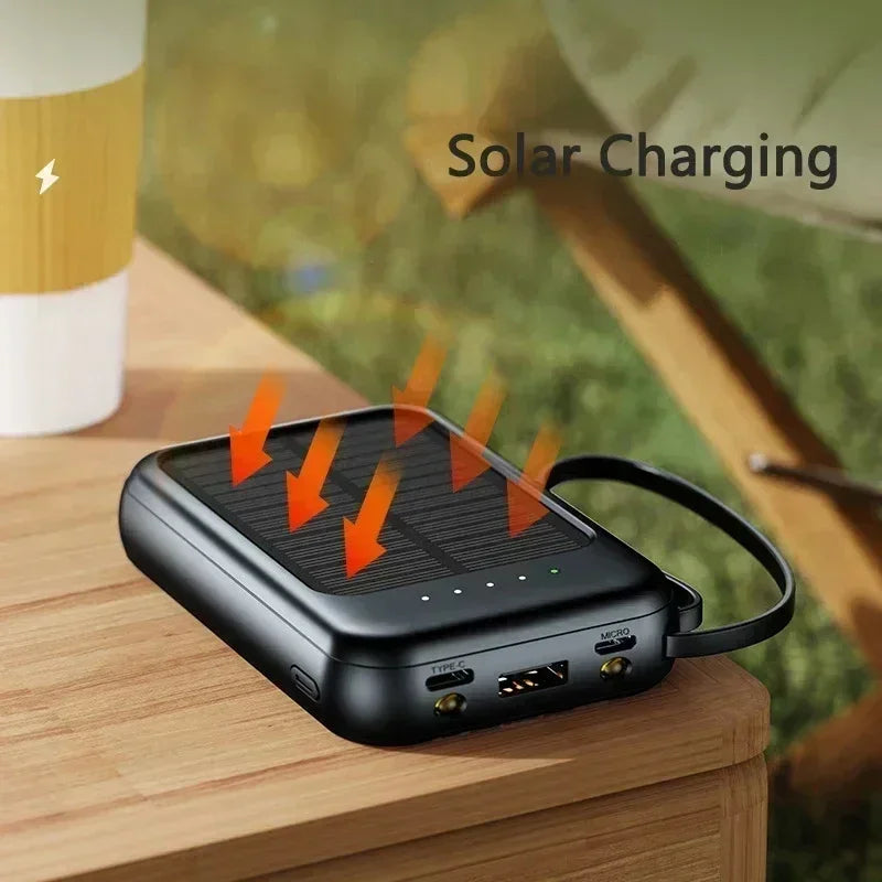 Solar Power Bank Super Fast Charging Compact Portable Built-in 4 Cable High Capacity External Battery with Led Light