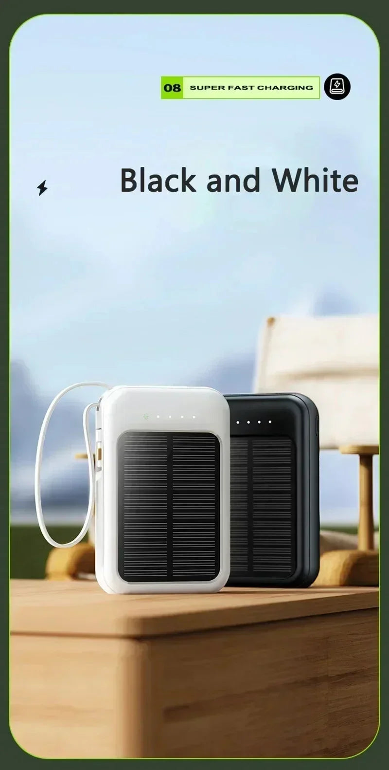 Solar Power Bank Super Fast Charging Compact Portable Built-in 4 Cable High Capacity External Battery with Led Light