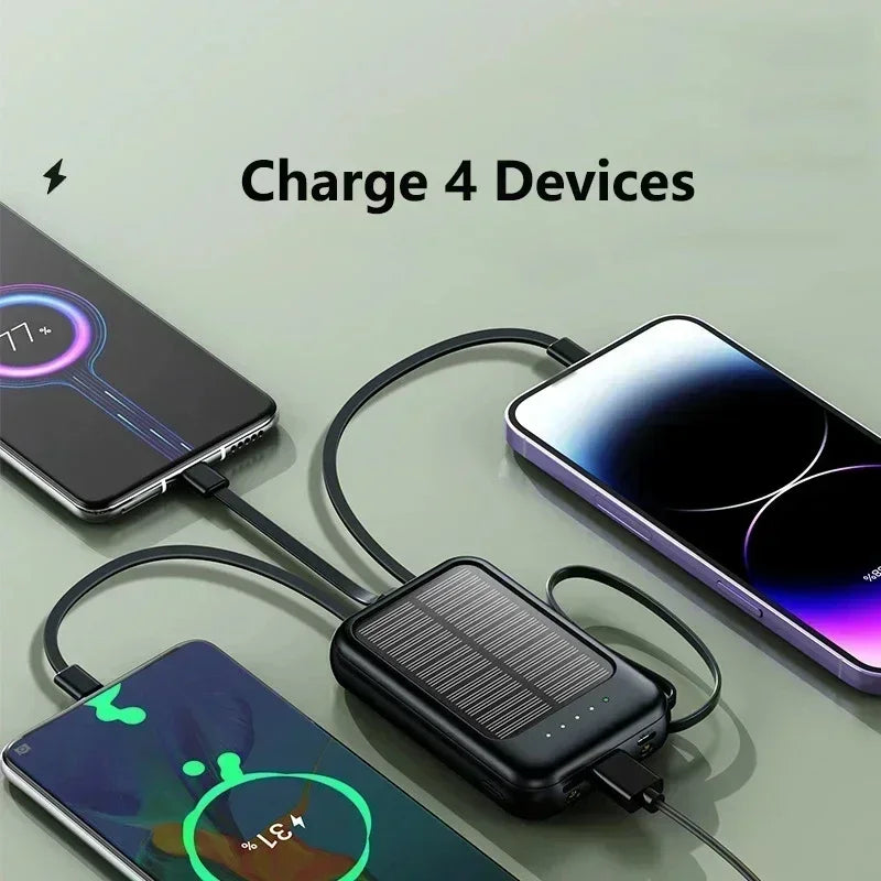 Solar Power Bank Super Fast Charging Compact Portable Built-in 4 Cable High Capacity External Battery with Led Light