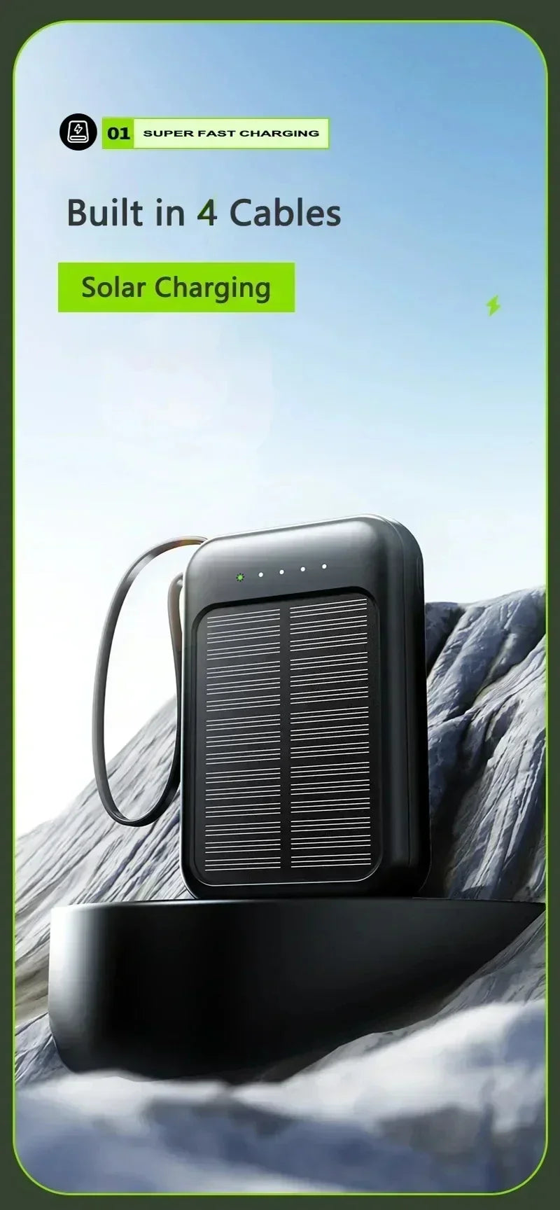 Solar Power Bank Super Fast Charging Compact Portable Built-in 4 Cable High Capacity External Battery with Led Light