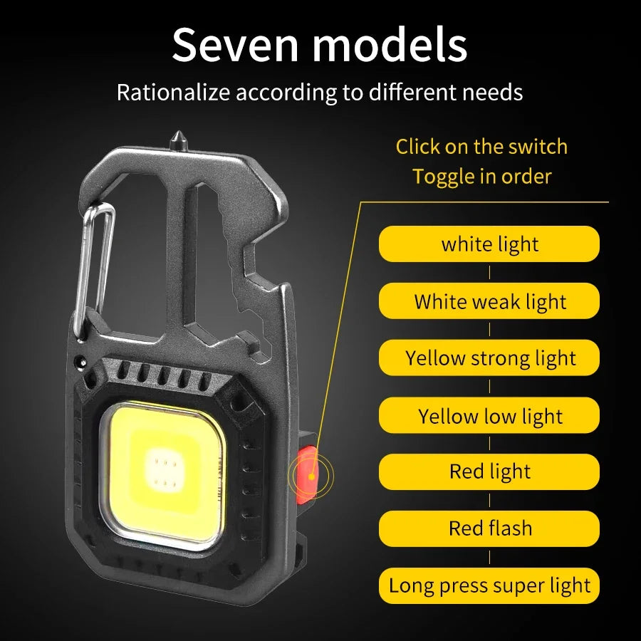 COB Keychain Work Light with Battery Display 8 Mode Rechargeable High Lumens Portable LED Light for Camping Hiking Running
