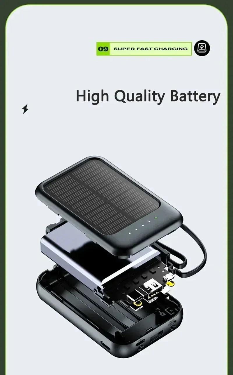 Solar Power Bank Super Fast Charging Compact Portable Built-in 4 Cable High Capacity External Battery with Led Light