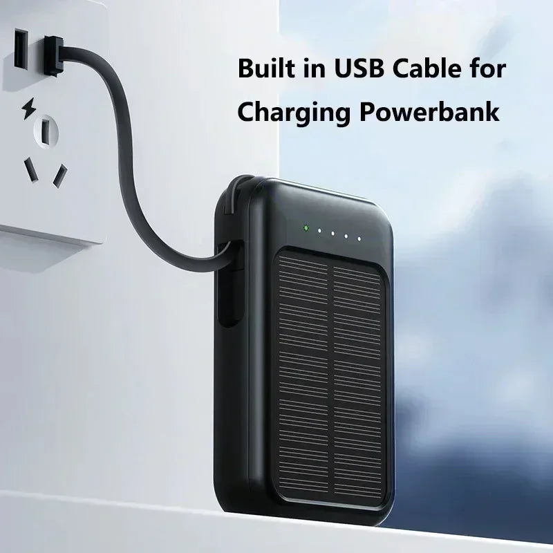 Solar Power Bank Super Fast Charging Compact Portable Built-in 4 Cable High Capacity External Battery with Led Light