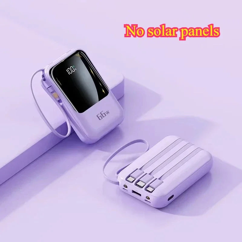 Solar Power Bank Super Fast Charging Compact Portable Built-in 4 Cable High Capacity External Battery with Led Light