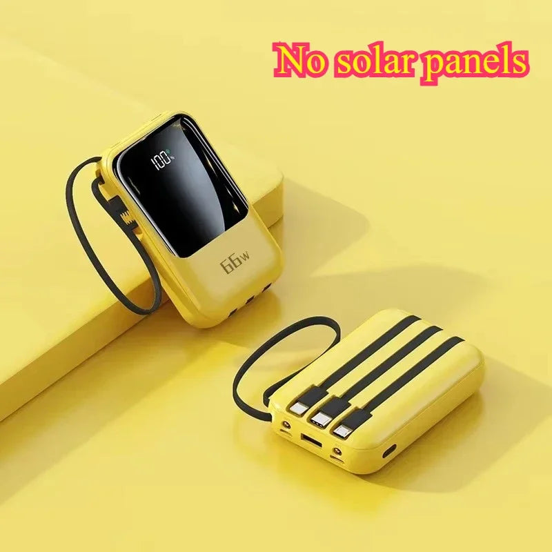Solar Power Bank Super Fast Charging Compact Portable Built-in 4 Cable High Capacity External Battery with Led Light