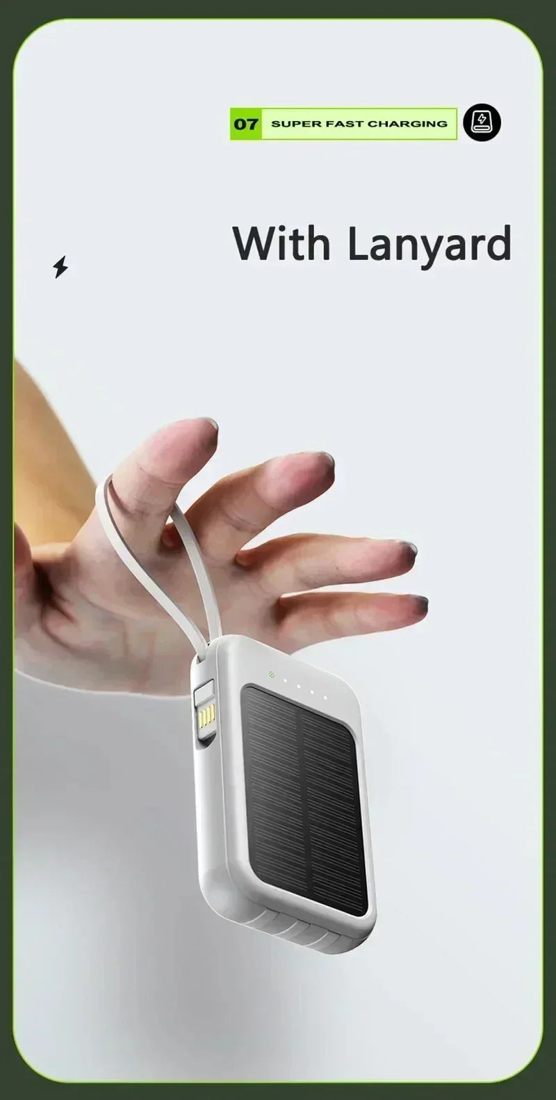 Solar Power Bank Super Fast Charging Compact Portable Built-in 4 Cable High Capacity External Battery with Led Light