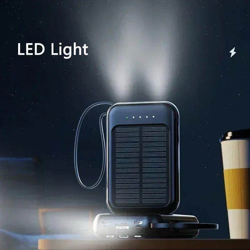 Solar Power Bank Super Fast Charging Compact Portable Built-in 4 Cable High Capacity External Battery with Led Light