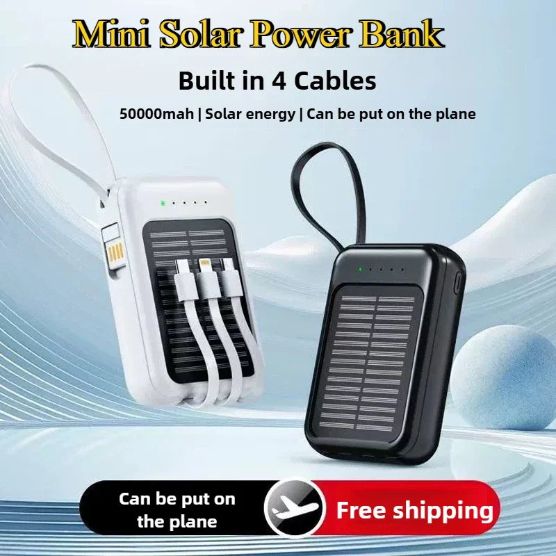 Solar Power Bank Super Fast Charging Compact Portable Built-in 4 Cable High Capacity External Battery with Led Light
