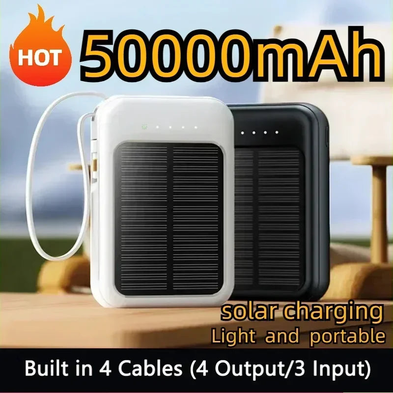 Solar Power Bank Super Fast Charging Compact Portable Built-in 4 Cable High Capacity External Battery with Led Light