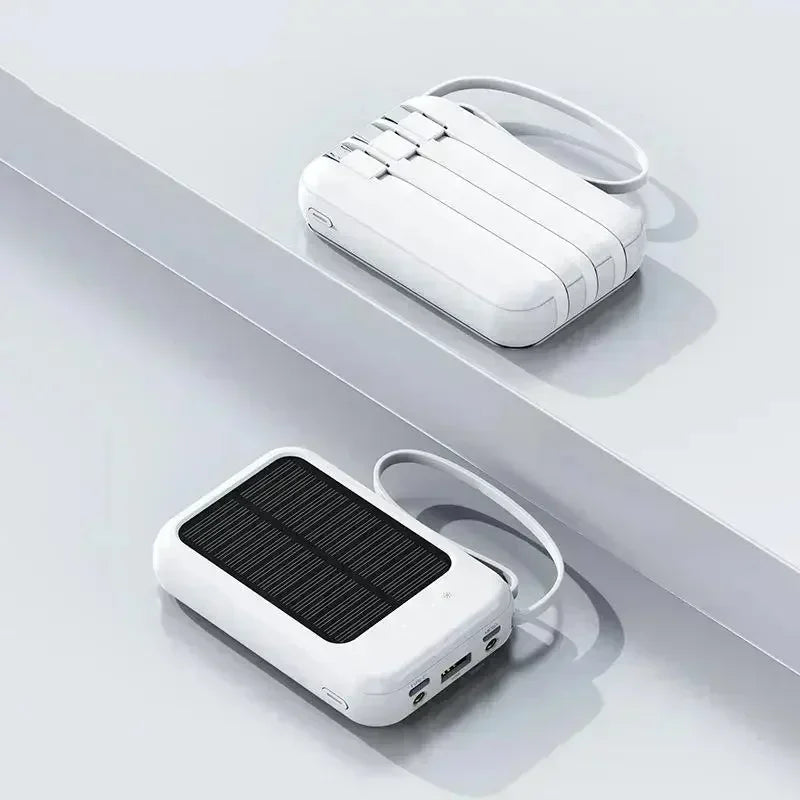Solar Power Bank Super Fast Charging Compact Portable Built-in 4 Cable High Capacity External Battery with Led Light