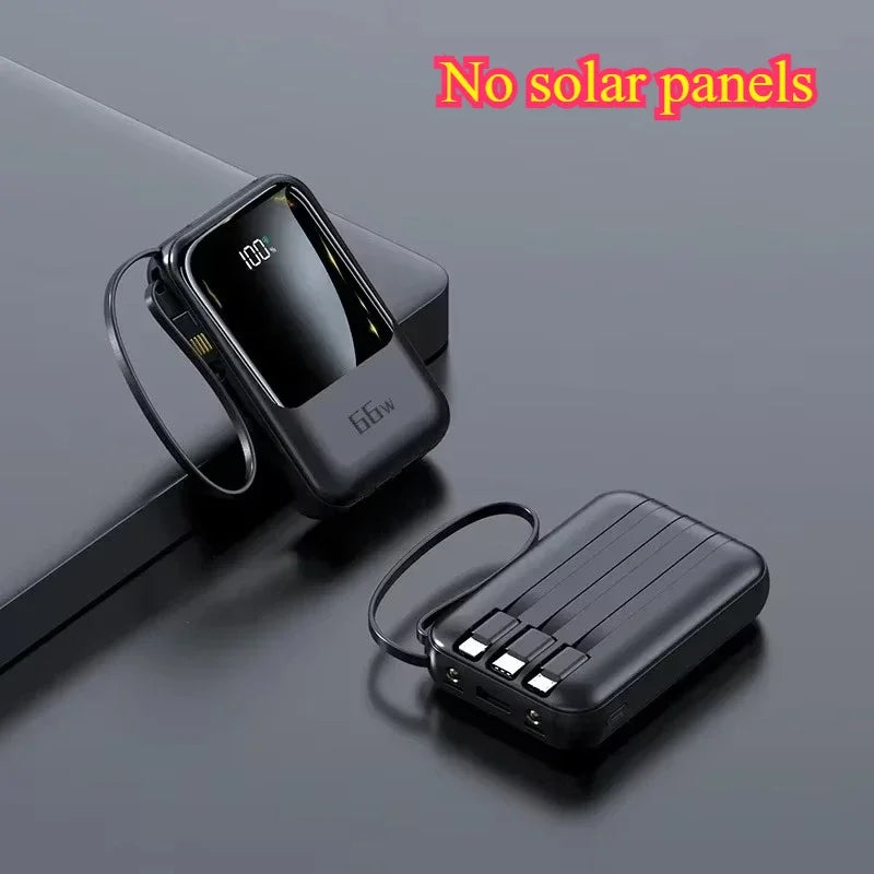 Solar Power Bank Super Fast Charging Compact Portable Built-in 4 Cable High Capacity External Battery with Led Light