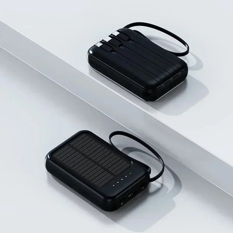 Solar Power Bank Super Fast Charging Compact Portable Built-in 4 Cable High Capacity External Battery with Led Light