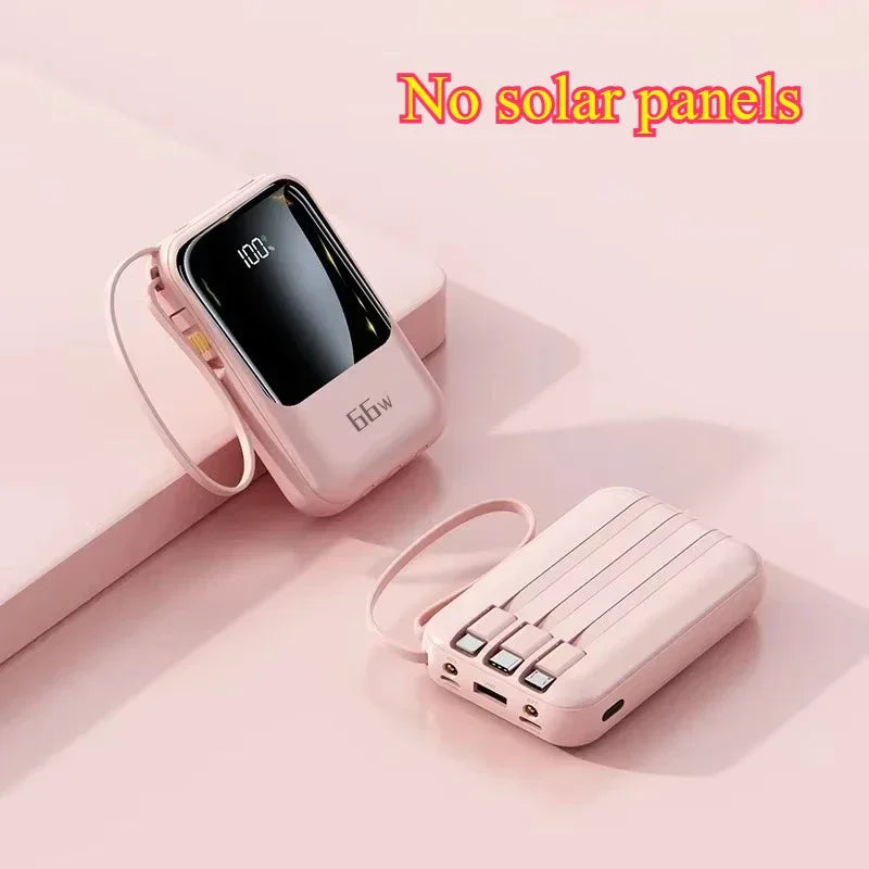Solar Power Bank Super Fast Charging Compact Portable Built-in 4 Cable High Capacity External Battery with Led Light