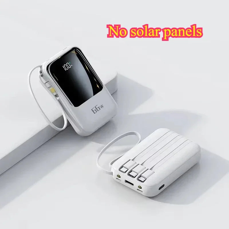 Solar Power Bank Super Fast Charging Compact Portable Built-in 4 Cable High Capacity External Battery with Led Light