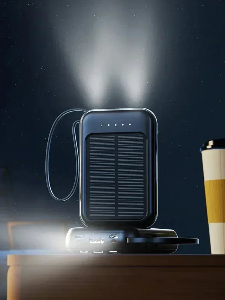 Solar Power Bank Super Fast Charging Compact Portable Built-in 4 Cable High Capacity External Battery with Led Light