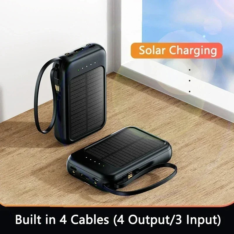 Solar Power Bank Super Fast Charging Compact Portable Built-in 4 Cable High Capacity External Battery with Led Light
