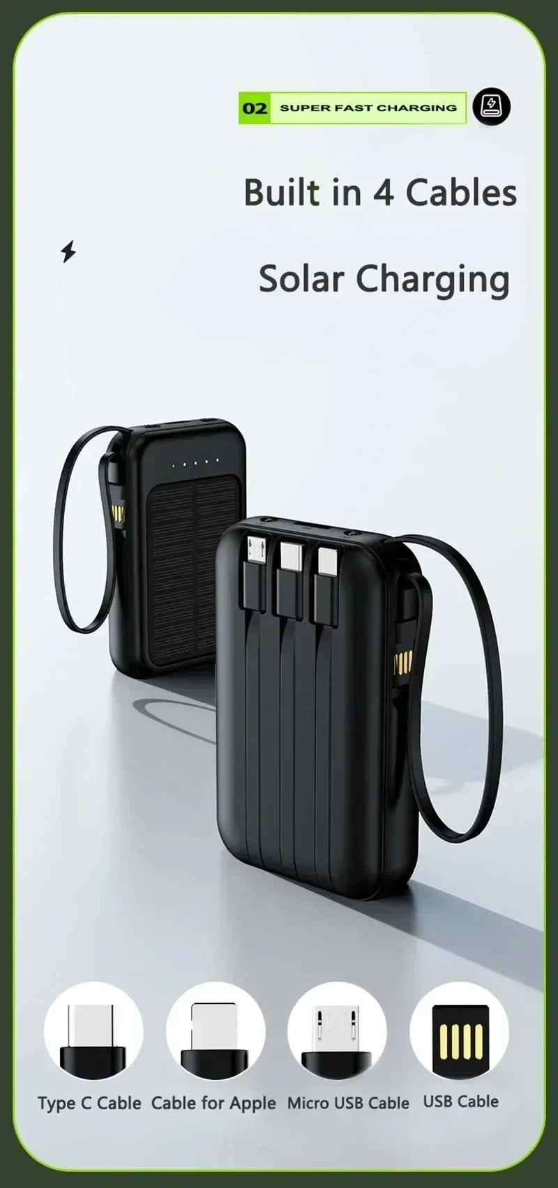 Solar Power Bank Super Fast Charging Compact Portable Built-in 4 Cable High Capacity External Battery with Led Light